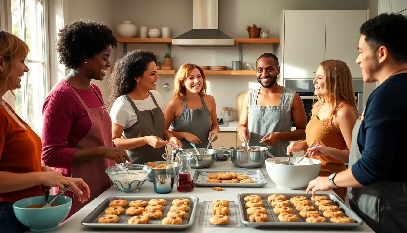 friends baking cookies together in a cozy kitchen.
