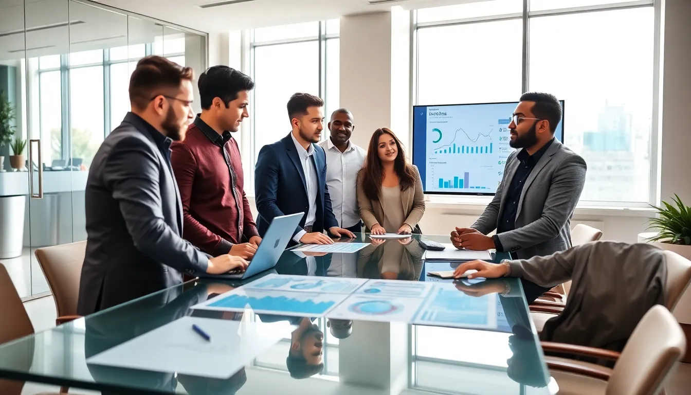diverse team collaborating in a modern office for DevOps consulting.