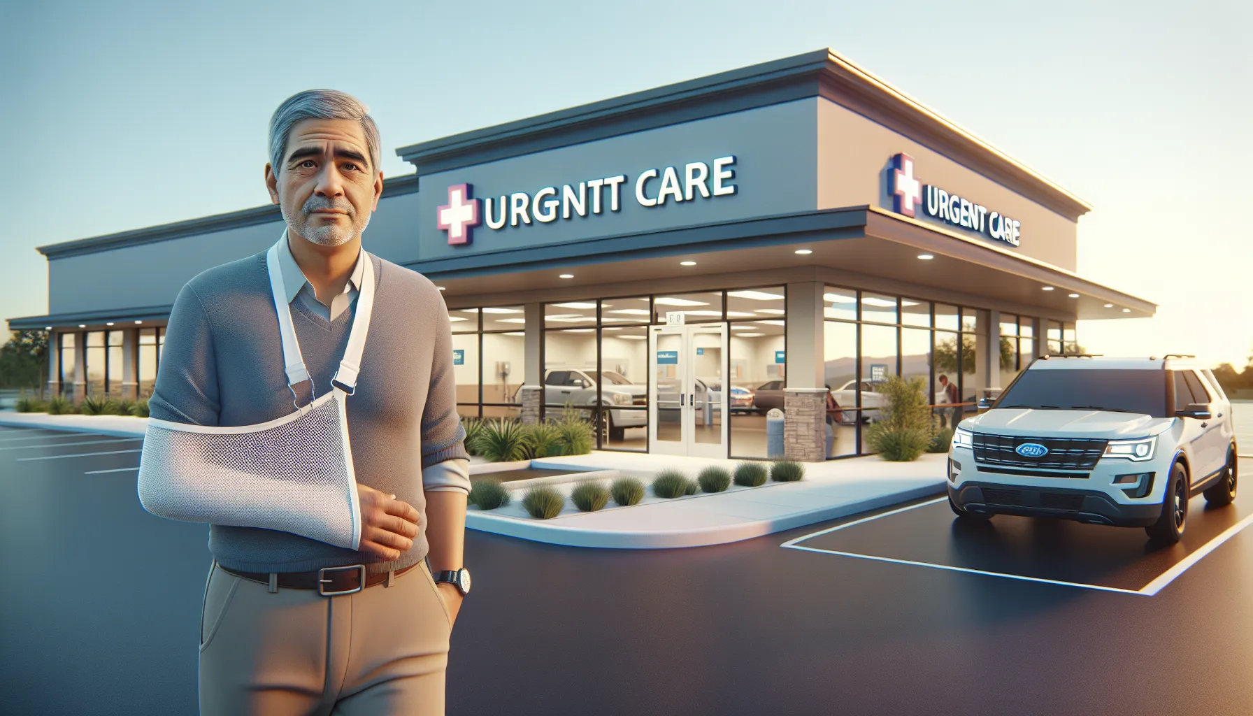 An urgent care center in a suburban neighborhood during early evening.