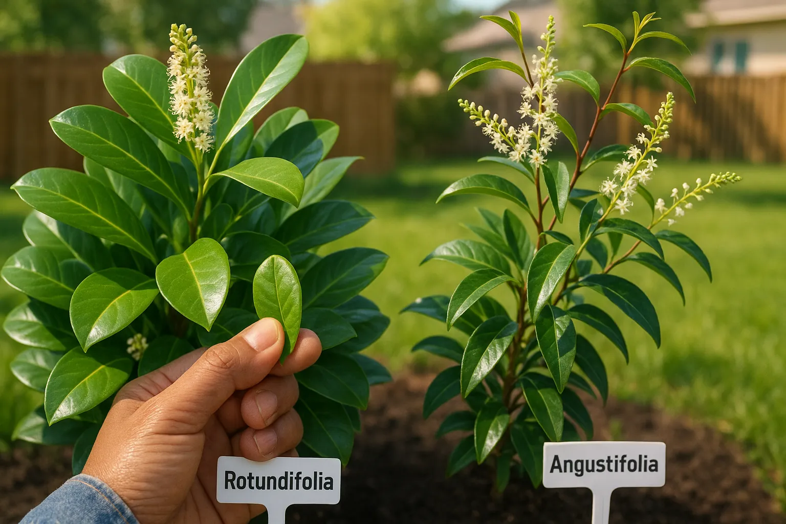 Side-by-side cherry laurel and Portugal laurel with a hand crushing a leaf.