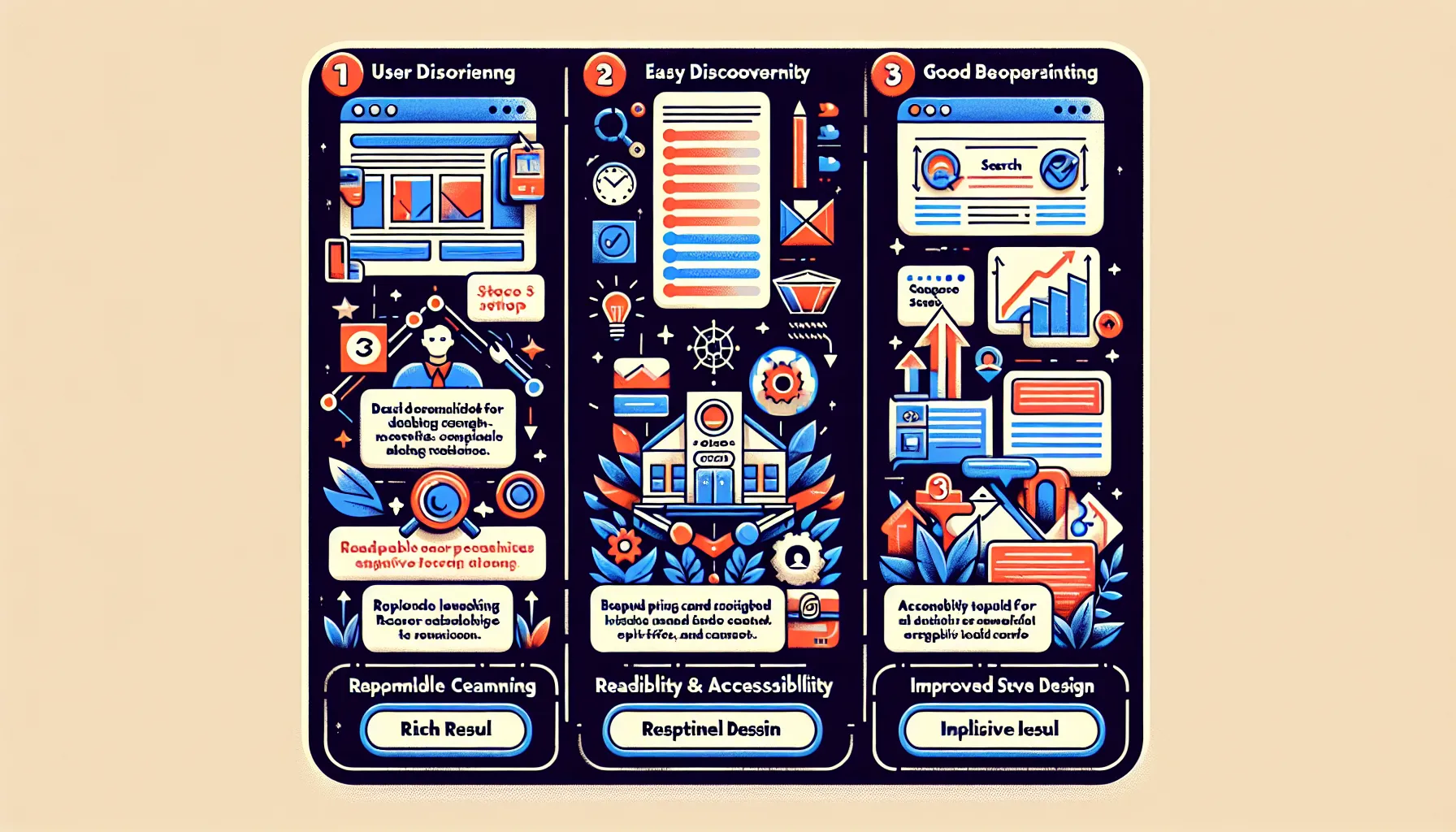 Infographic linking IA, scannable content, and internal links to UX SEO gains.