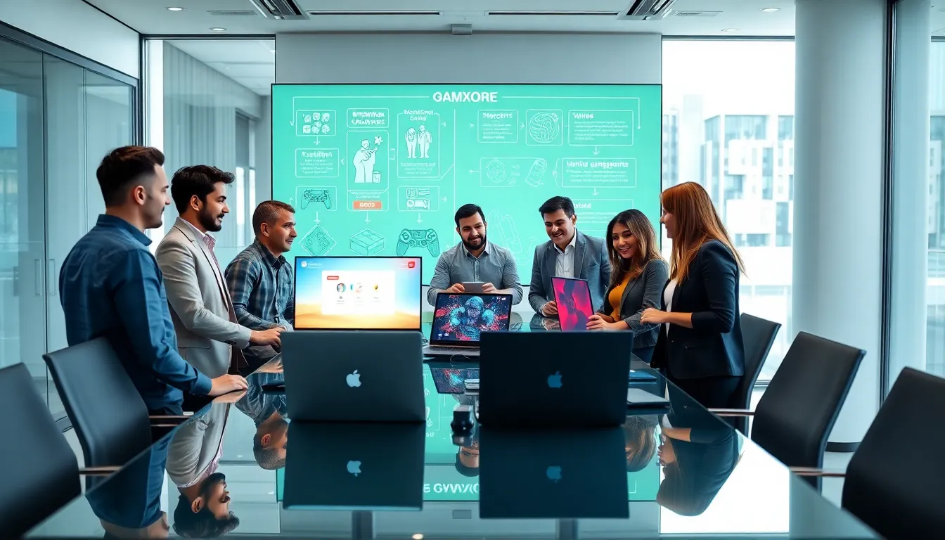 diverse team discussing game development in a modern office.