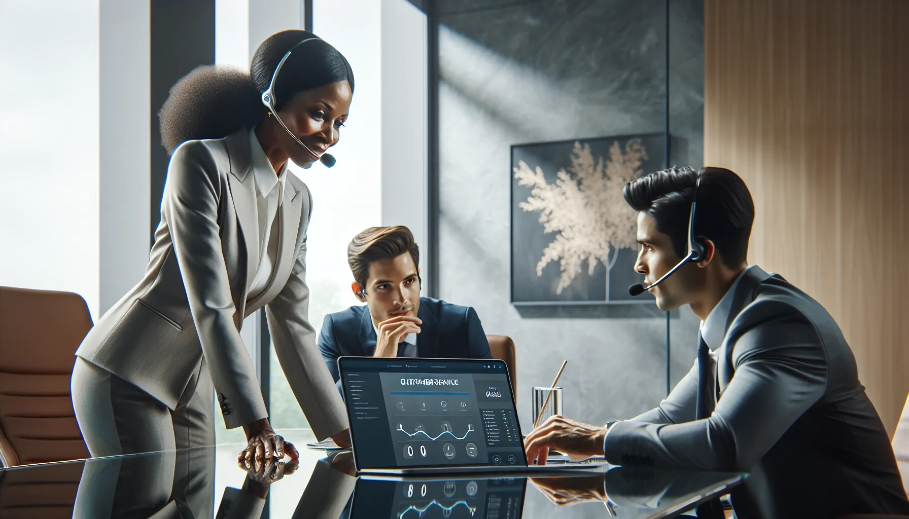diverse team in a modern office discussing customer service inquiries.