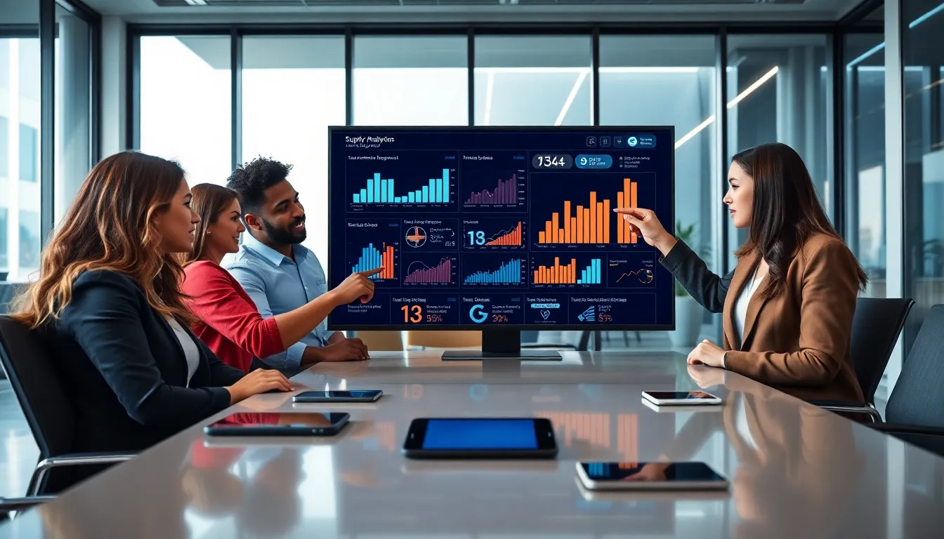 diverse professionals discussing IoT data in a modern office.