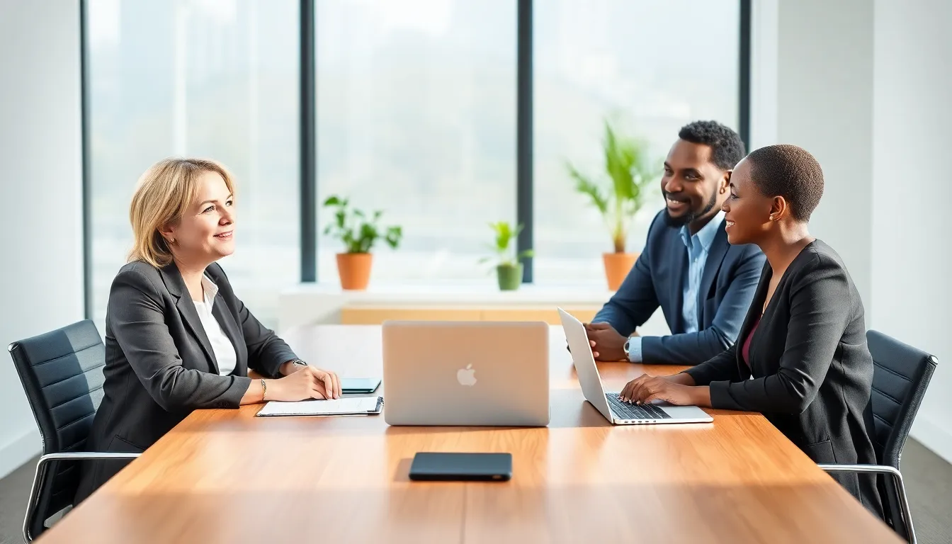 mediator assisting diverse parents in a modern office setting.