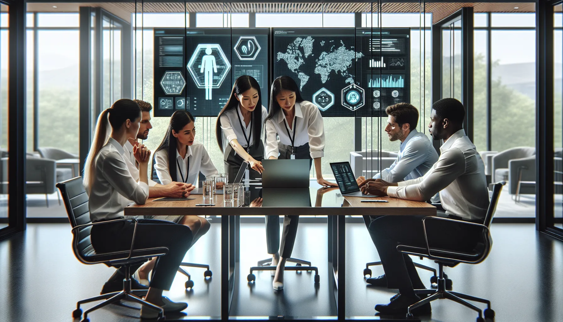 IT professionals collaborating on cybersecurity in a modern office.