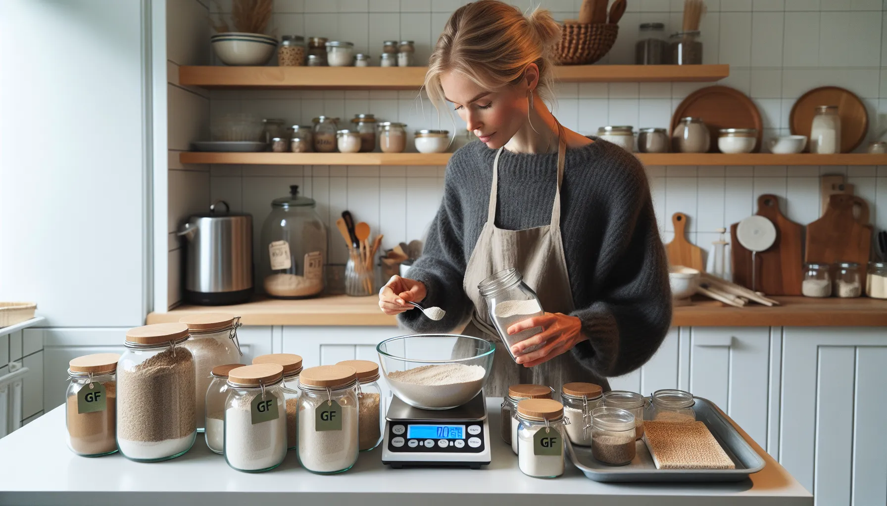 Nordic home cook blending gluten-free flours in a bright norwegian kitchen.