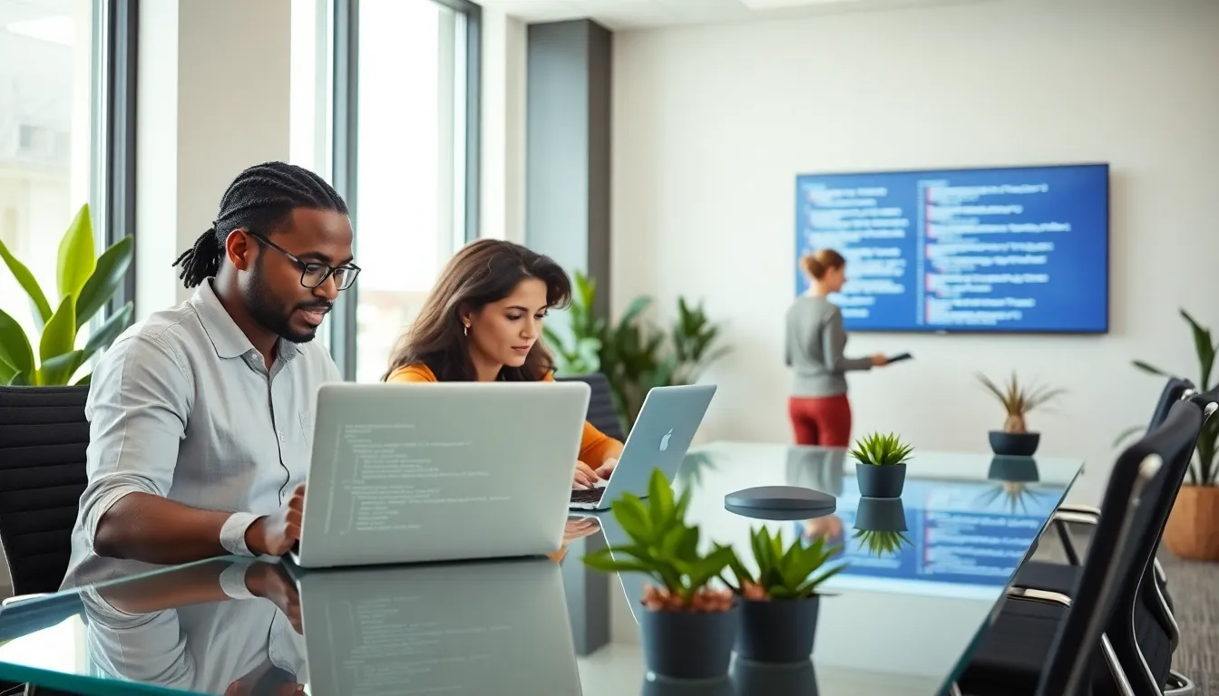 diverse team coding in a modern office focused on Java development.