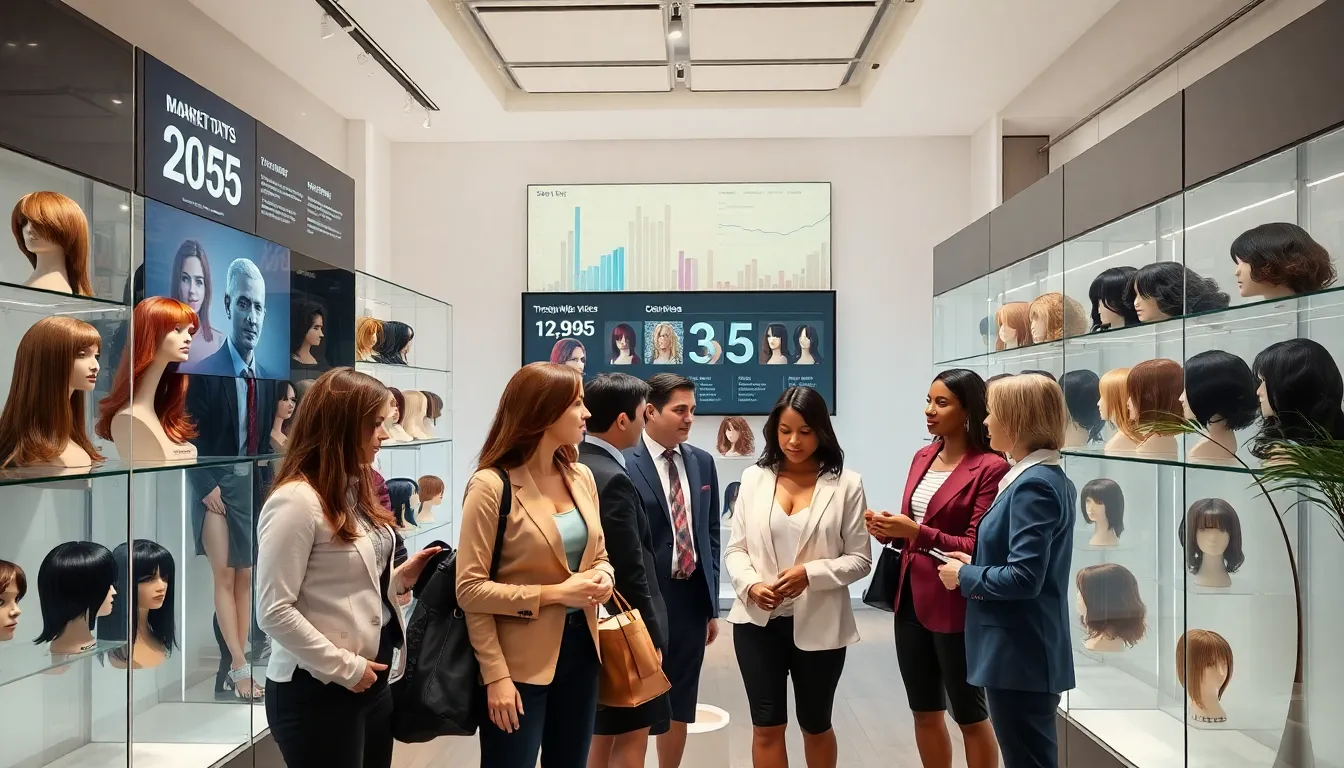 Diverse professionals browsing wigs in a modern American retail shop.