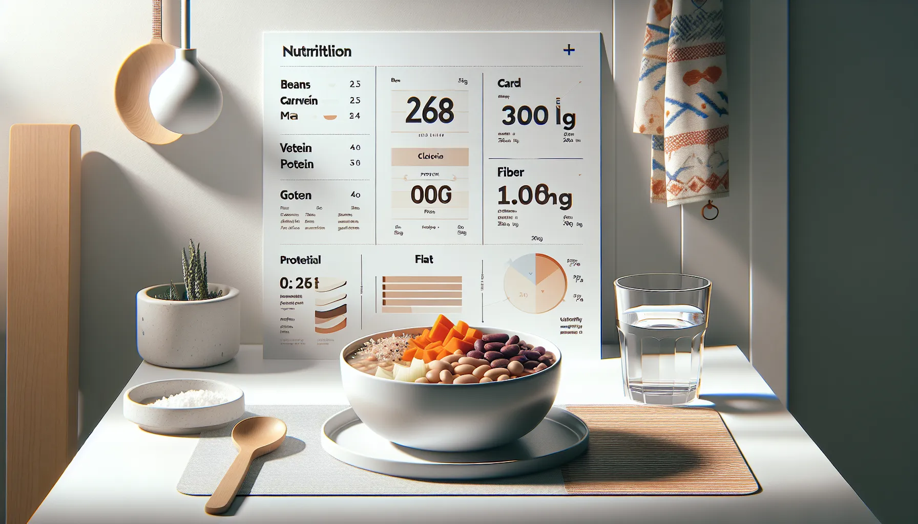 Bowl of grah stew on a clean table with nutritional facts card.