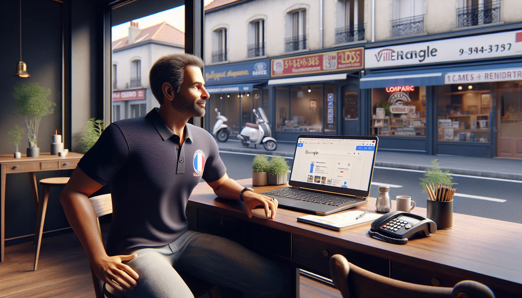 Small business owner in Villepinte checking his Google results as the phone rings.
