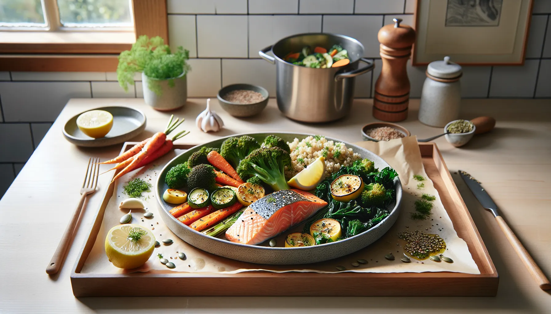 Balanced plate of salmon, vegetables, and quinoa in a minimalist norwegian kitchen.