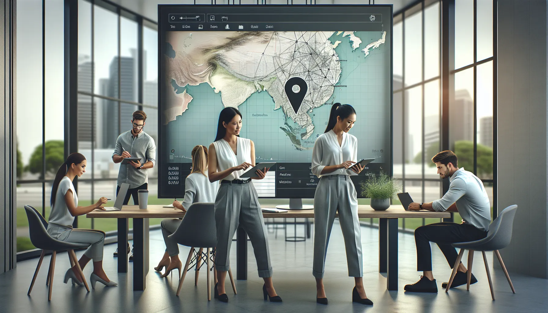 professionals discussing geolocation of IP address in a modern office.