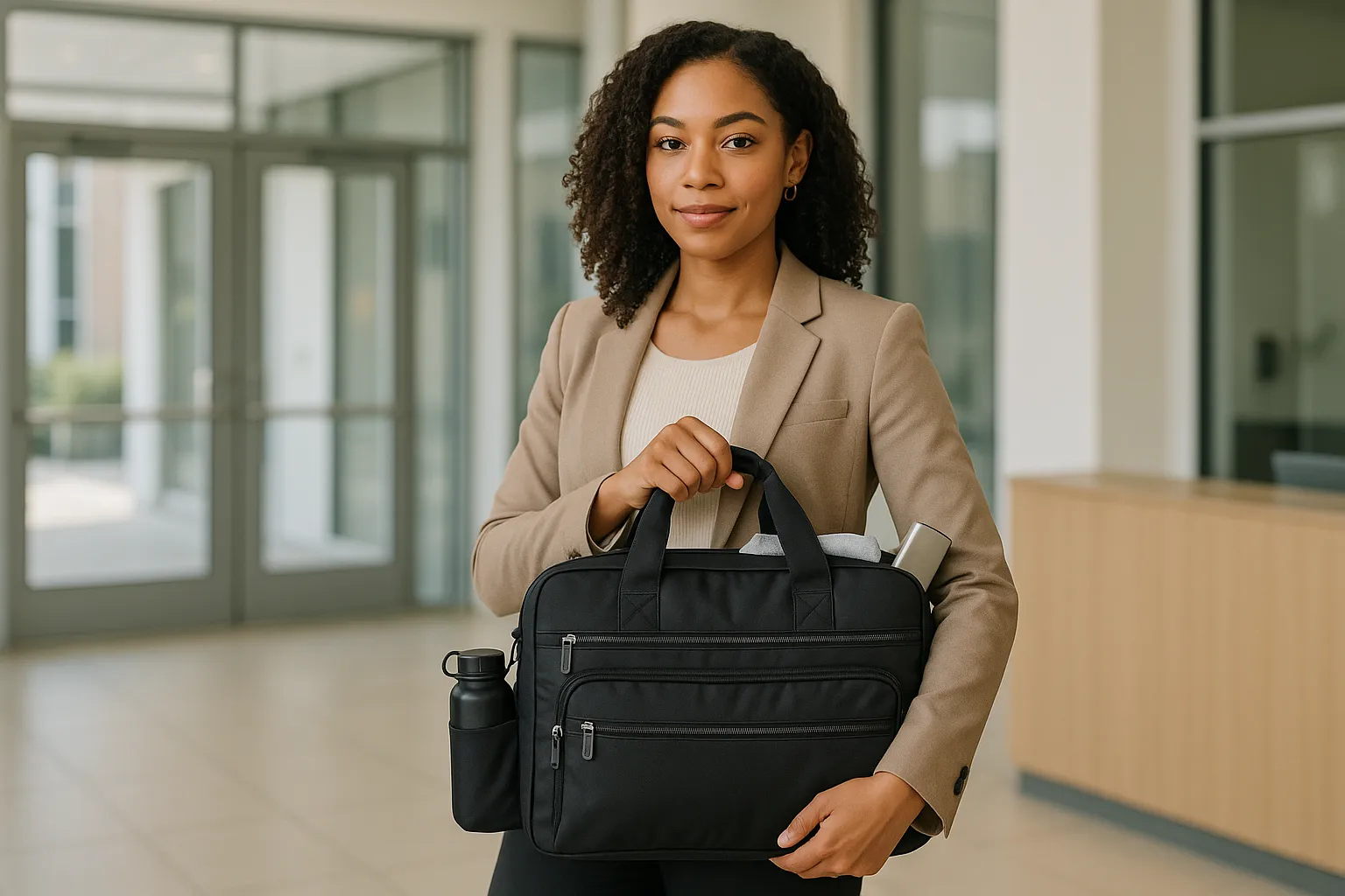 Young woman with sleek nylon laptop bag in modern office lobby.