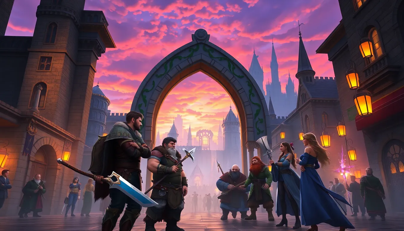 a diverse group of characters strategizing in the fantasy city of Neverwinter at dusk.
