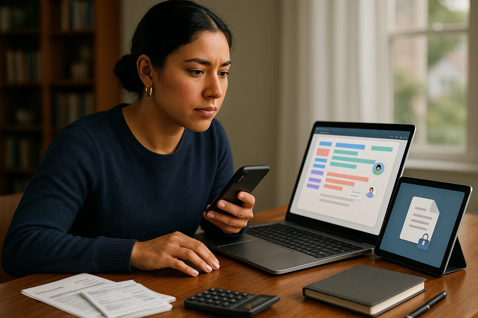 Young woman at home desk comparing collaborative and offline word processors