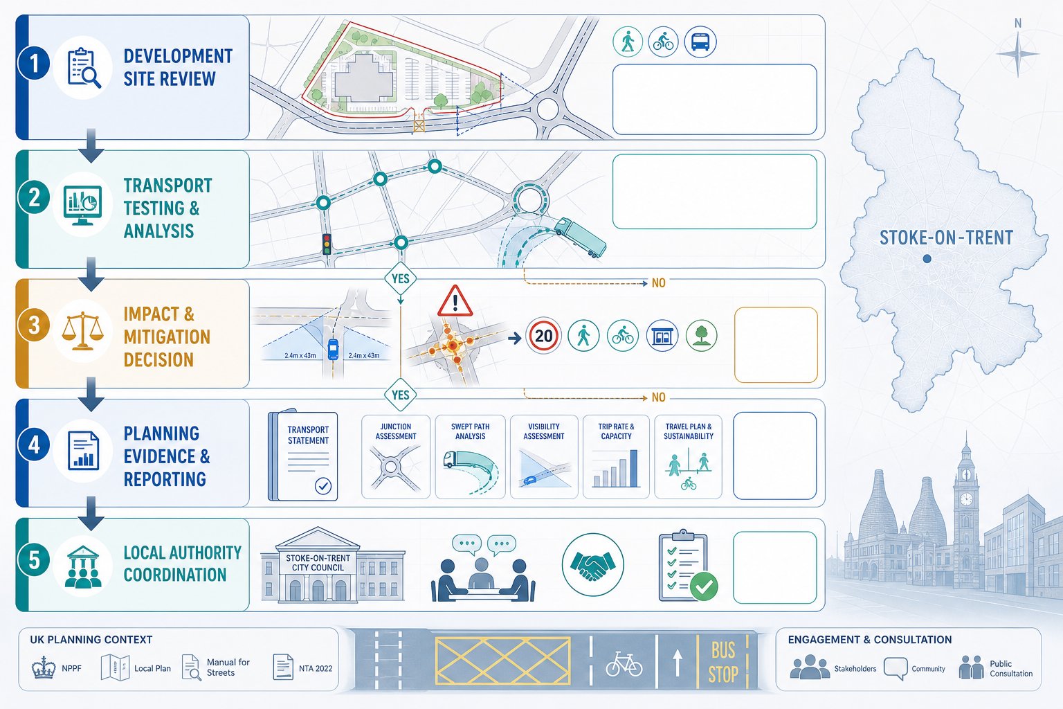 Infographic of traffic engineering steps for planning projects in Stoke-on-Trent.