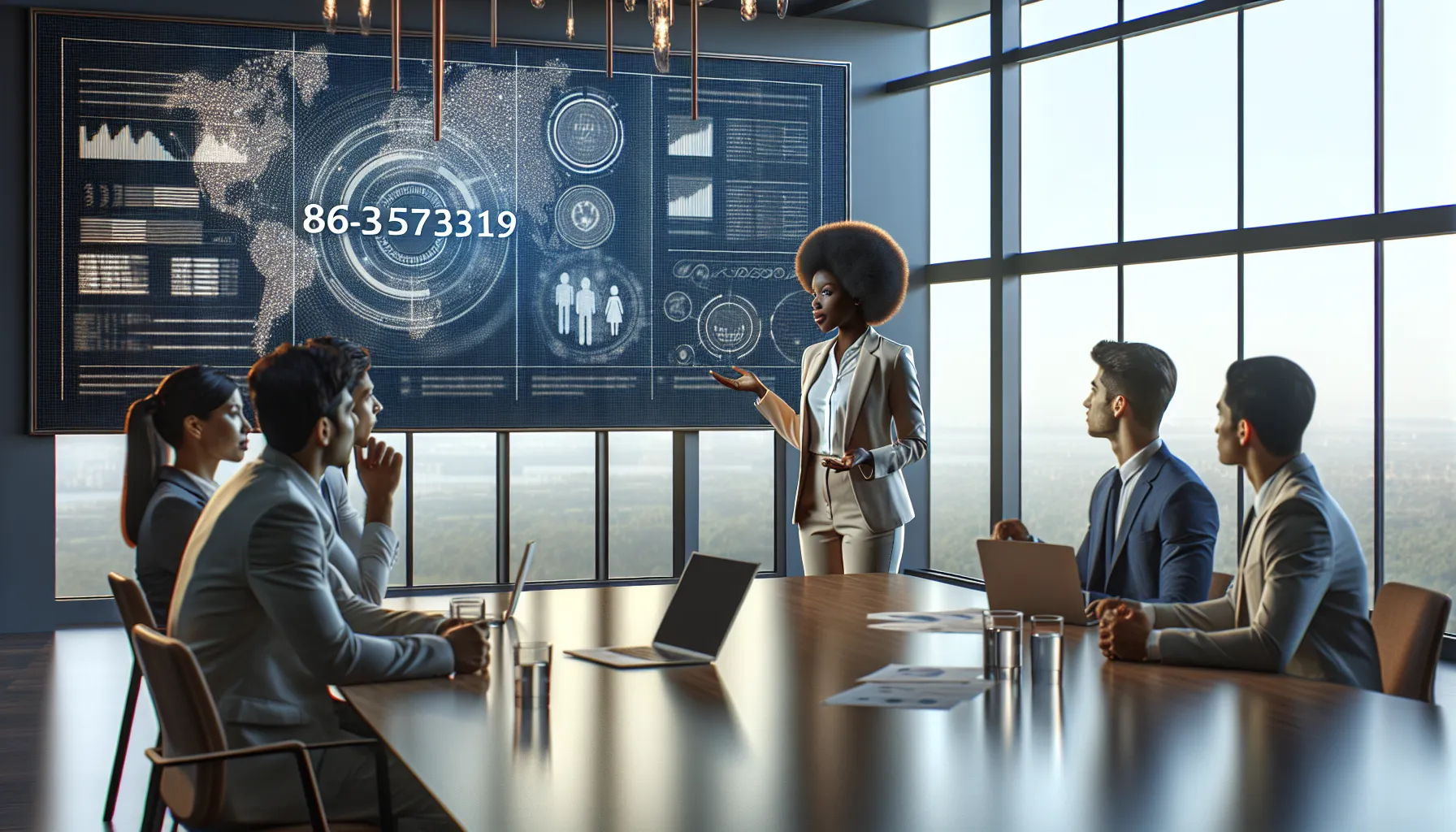 diverse professionals discussing myths about a mysterious number in a modern office.