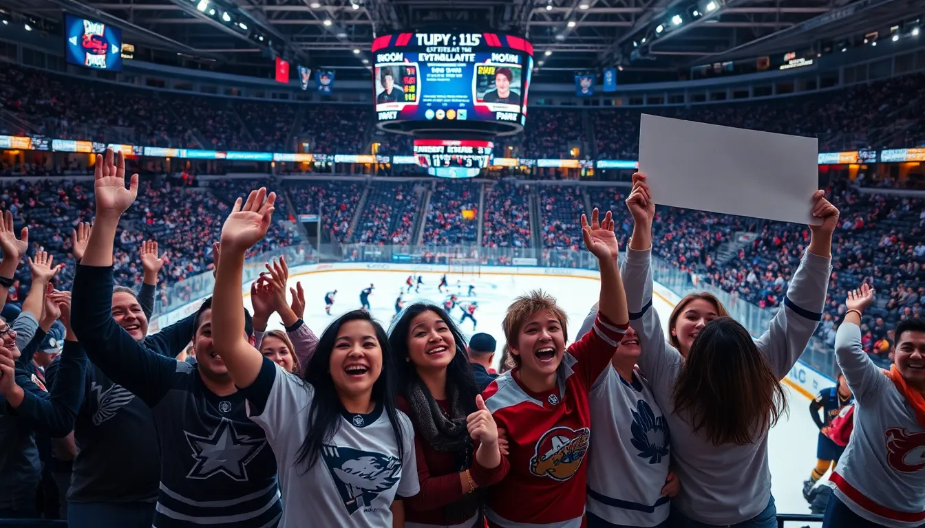 fans celebrating at a thrilling hockey game in a packed arena.
