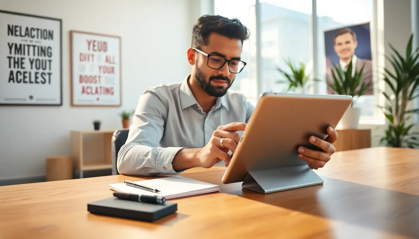 individual using an old Samsung tablet in a modern office.