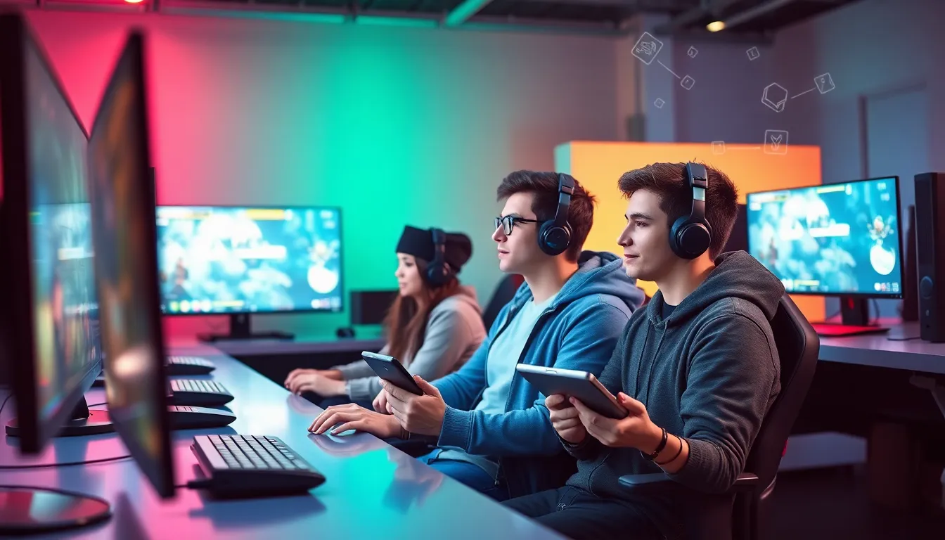 diverse gamers reviewing tutorials in a modern gaming environment.