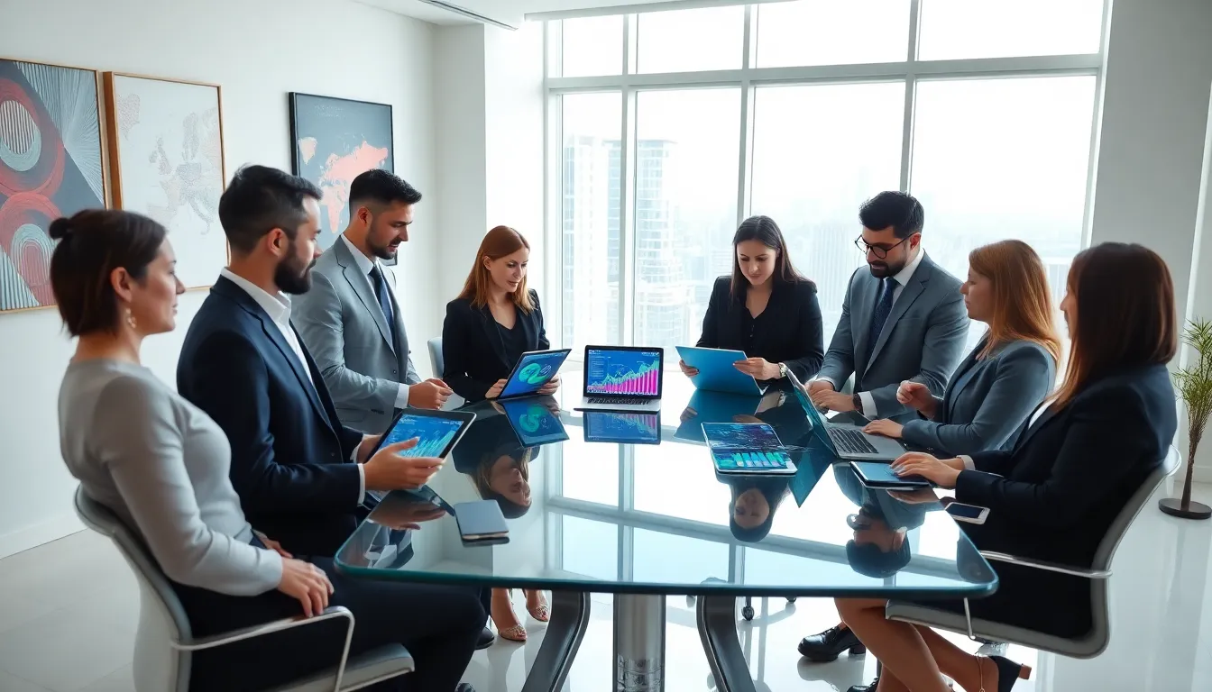 diverse professionals discussing global tech fund investments in a modern office.