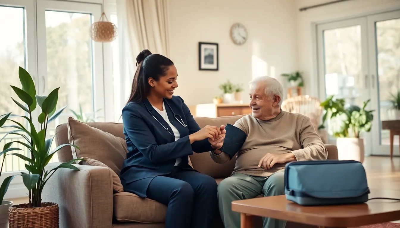 caregiver assisting elderly client in a cozy living room.
