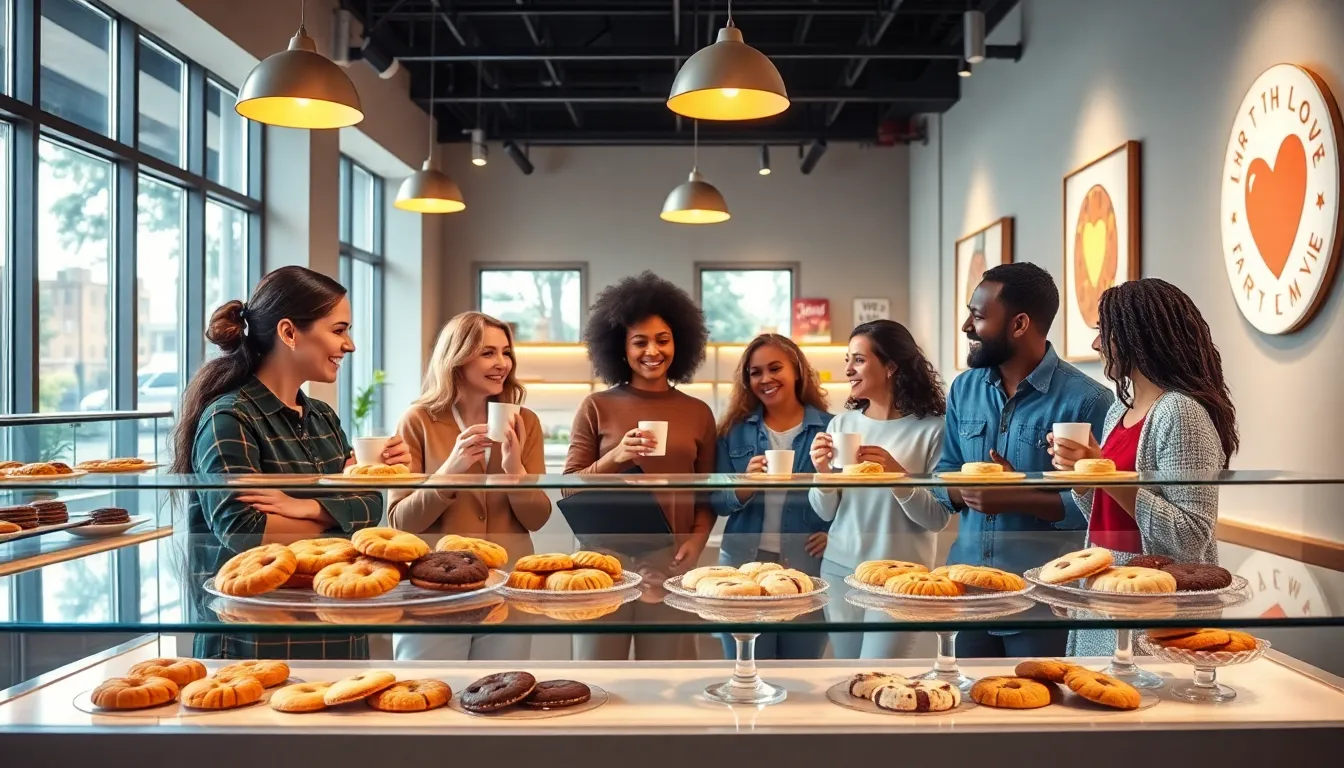 diverse group enjoying cookies in a modern shop.