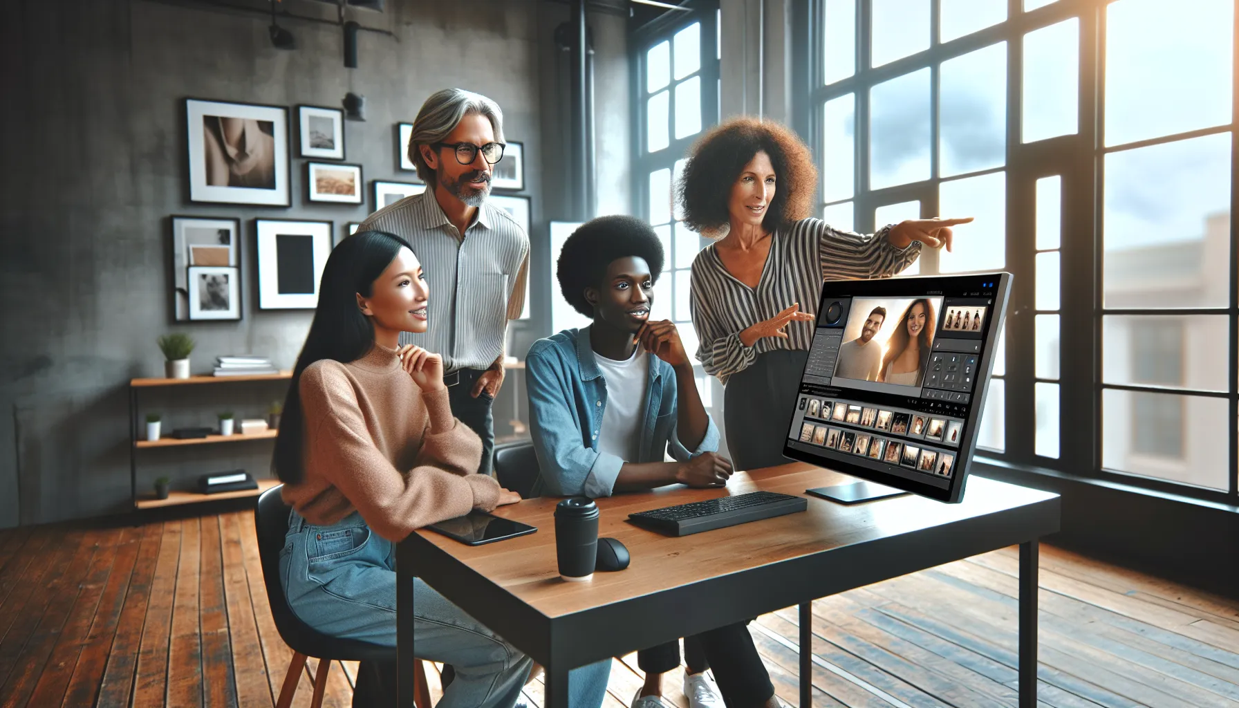 three professionals collaborating in a modern workspace about photography tools.