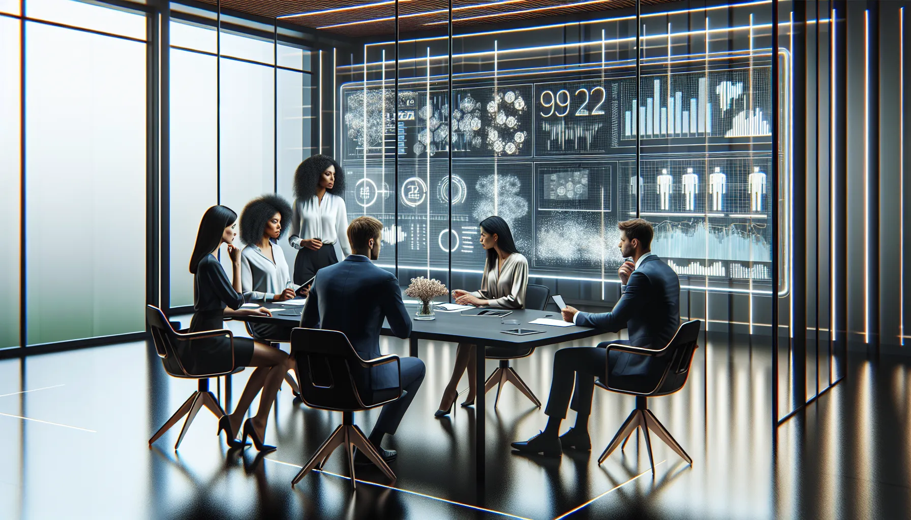 diverse team analyzing numbers in a modern office.