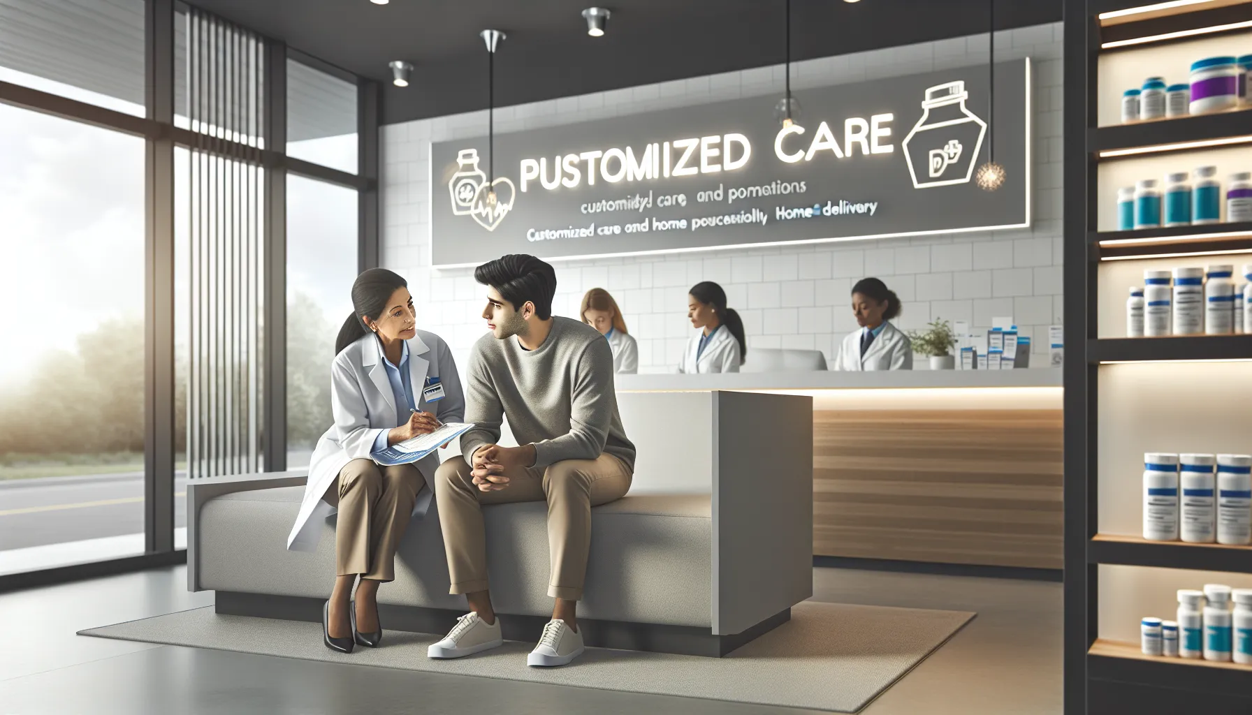 Pharmacists engaging positively with patients in a modern pharmacy.