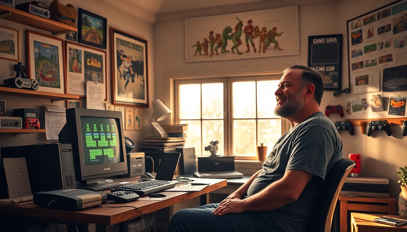 a game developer reflecting on the history of gaming in a cozy studio.