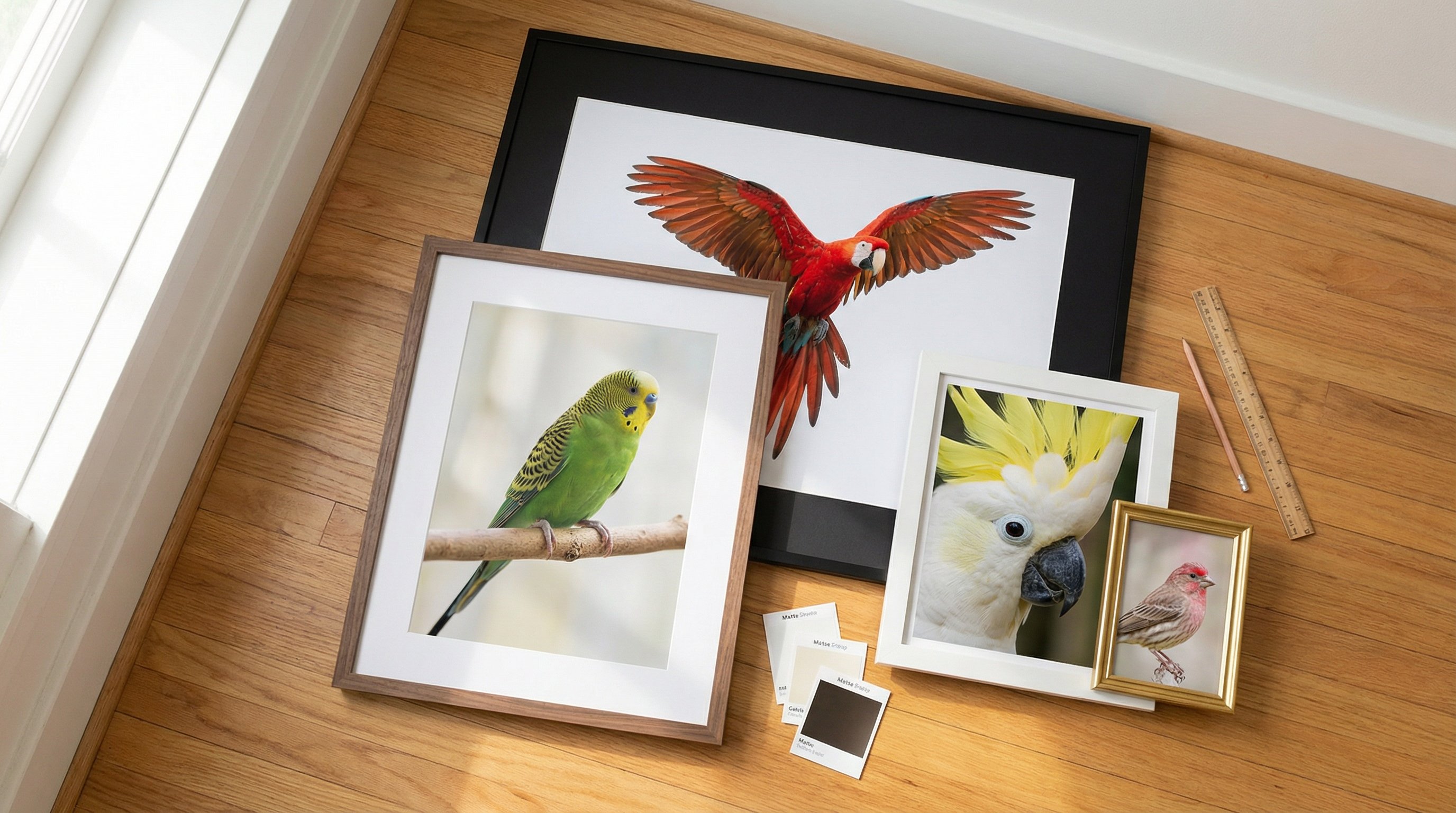 Four framed bird portrait prints in different sizes displayed on a wooden floor.