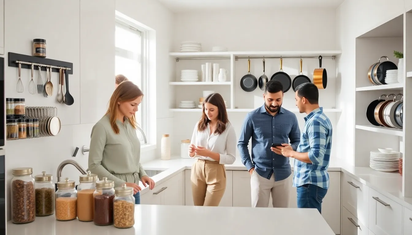 modern kitchen with innovative DIY storage solutions and a diverse team organizing.