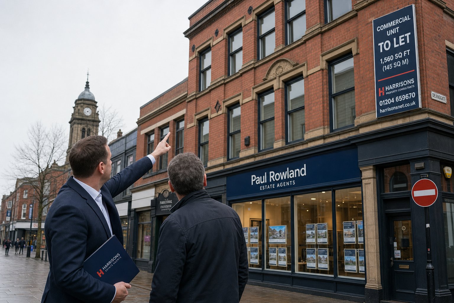 Commercial mortgage client and property professional assessing a brick retail building exterior in Bolton.