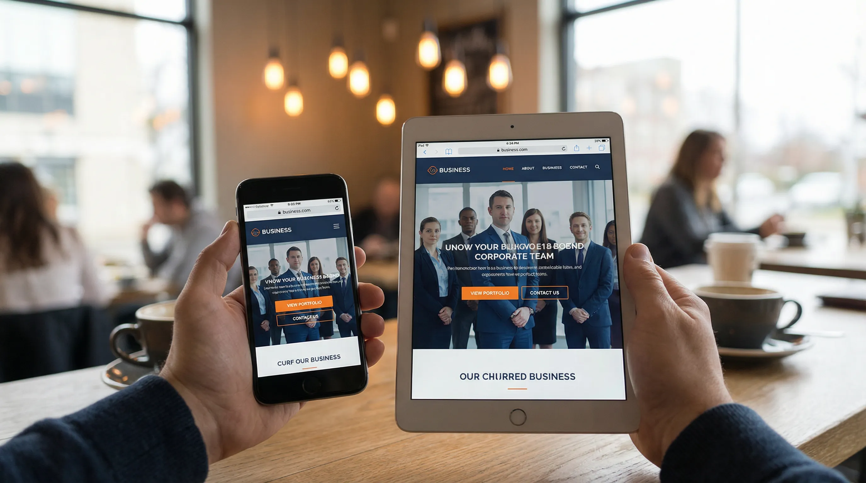 Person using a business website on both a smartphone and a tablet at a café table, highlighting mobile-friendly design.