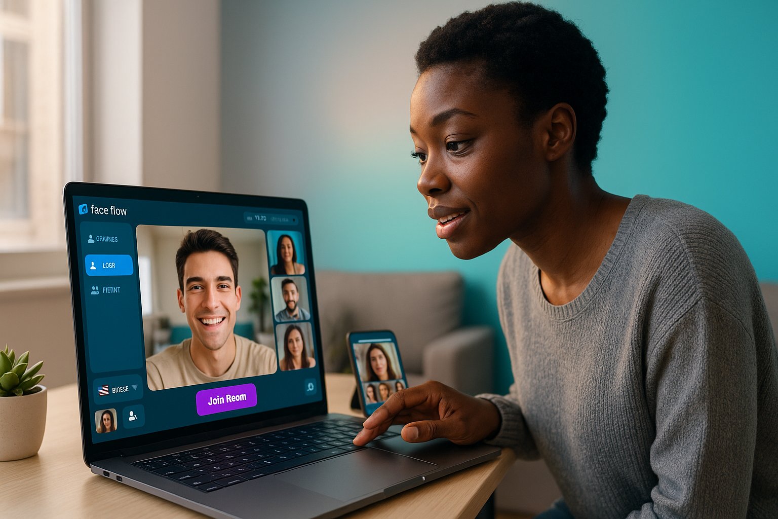 Person using laptop showing face flow video chat interface with branded colors.