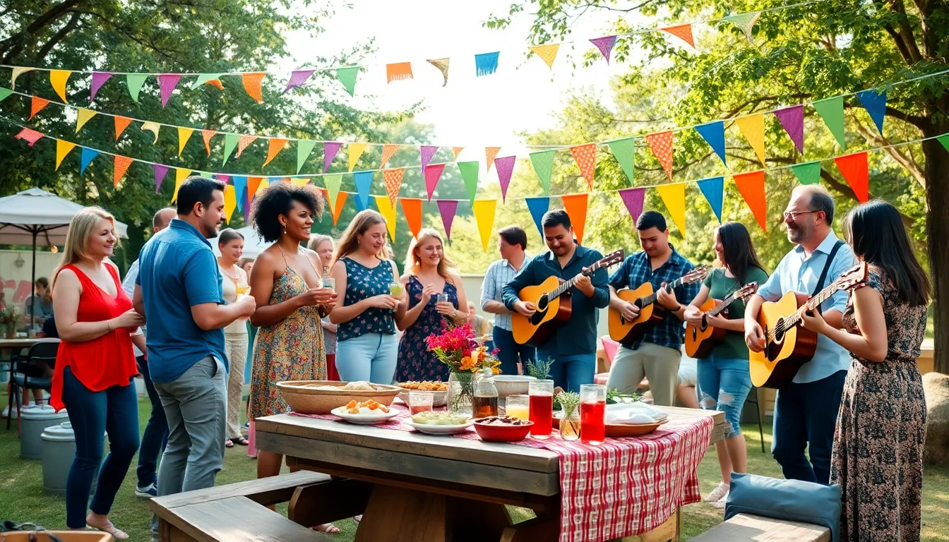diverse group enjoying a community event with food and music outdoors.