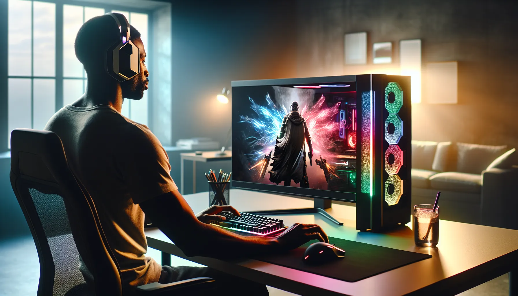 gamer at a PC setup playing Hell2Mize.