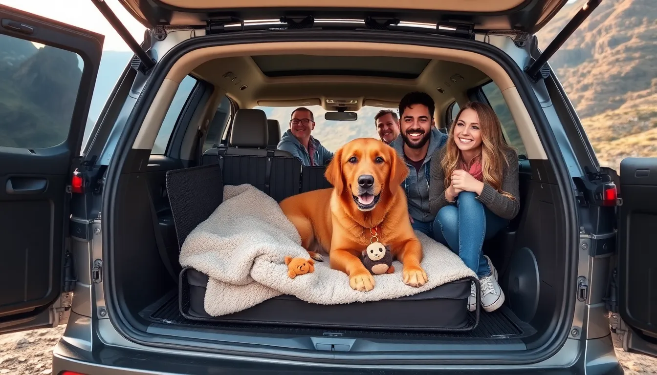 large dog travel crate in a modern SUV with happy dog and owners.