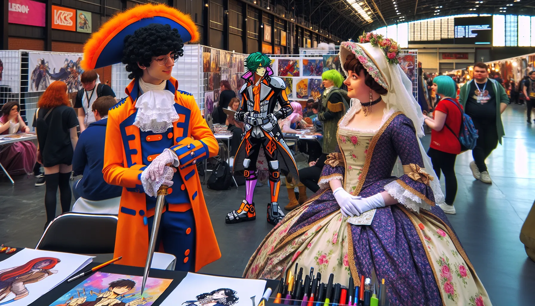 Two costumed convention attendees embodying fandom and historical themes.