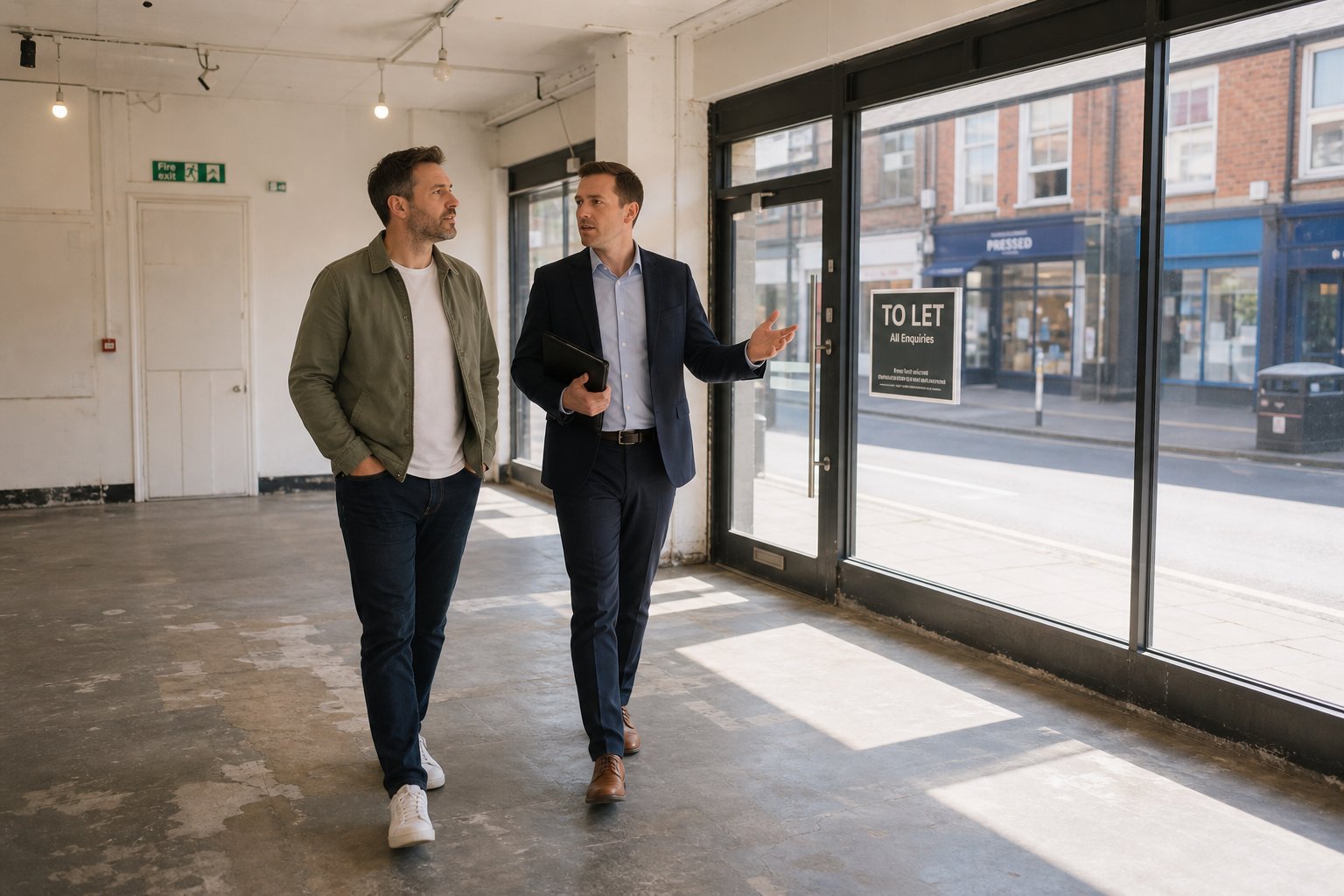 Commercial mortgage professional touring an empty retail unit with a property investor.