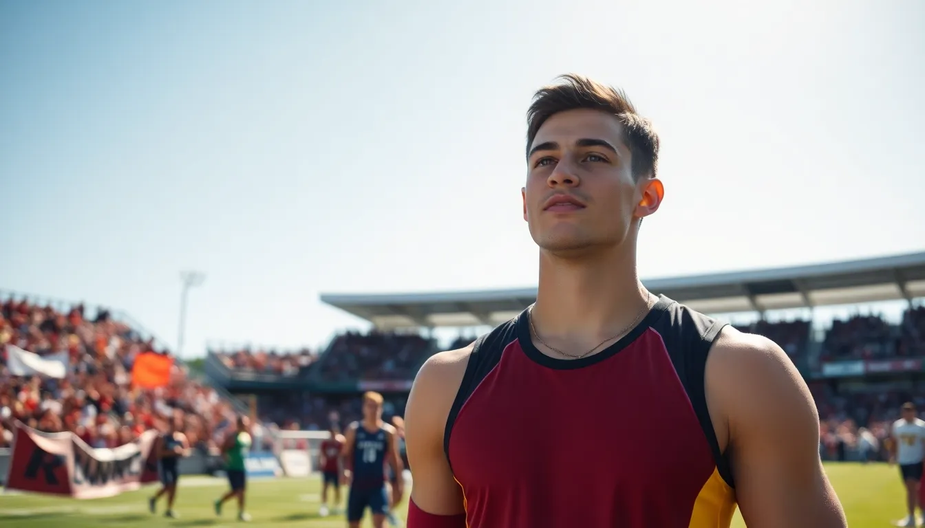 Neldanos Kimsel in sports attire, poised for competition amidst a cheering crowd.