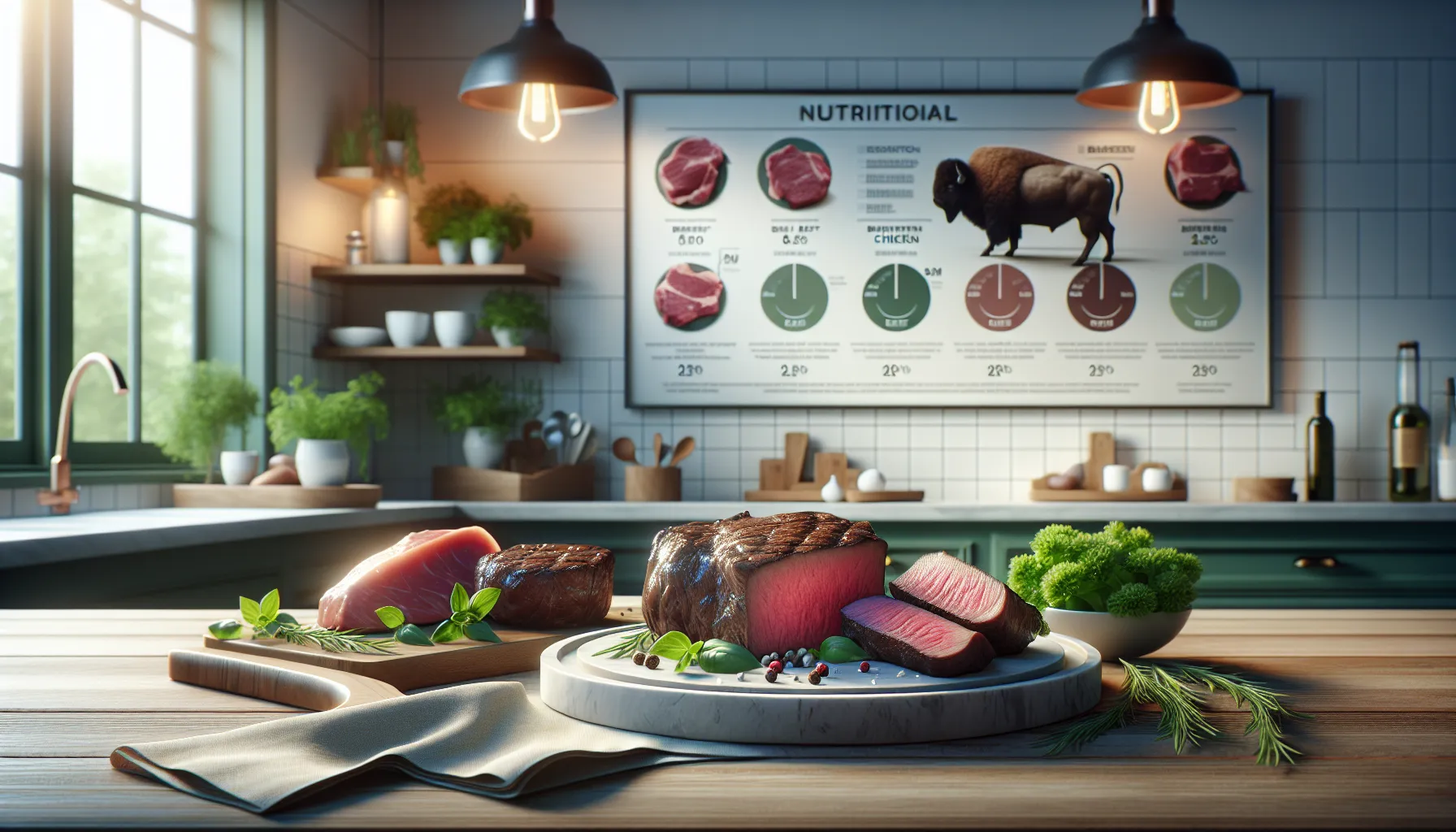 Platter of bison steak compared to beef and chicken in a modern kitchen.