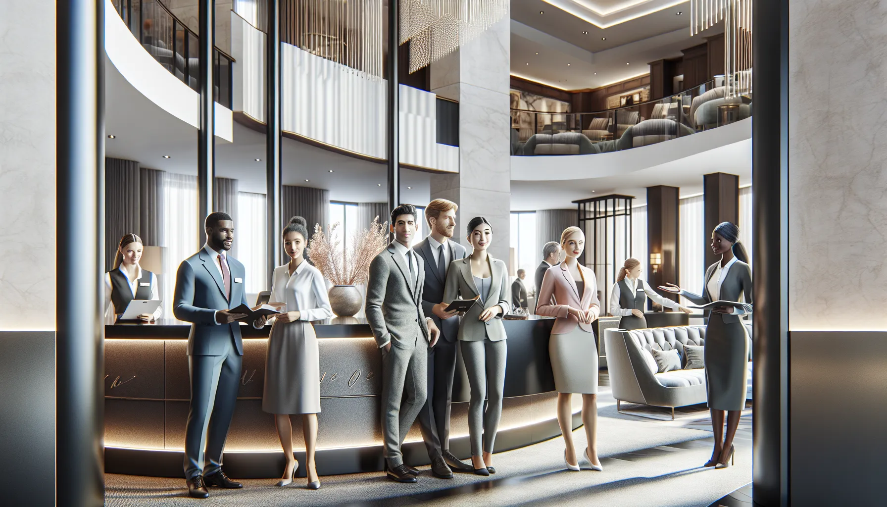 diverse guests interacting with friendly hotel staff in an elegant lobby
