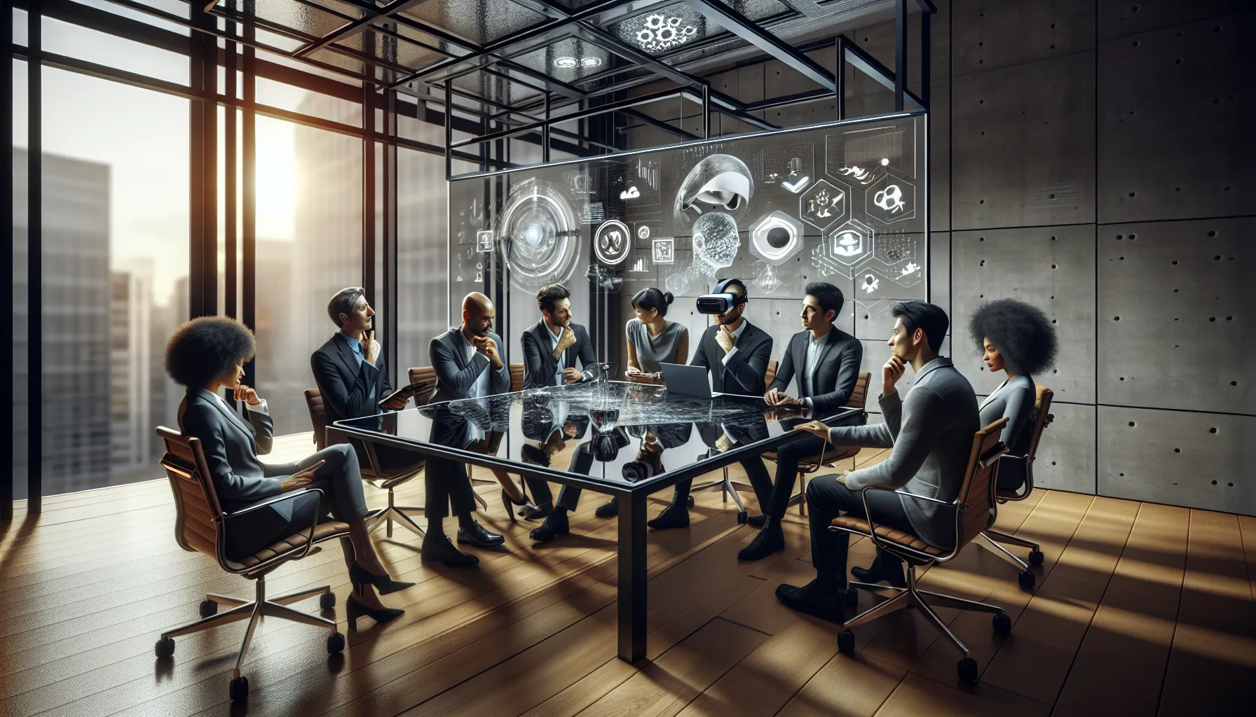 professionals collaborating in a modern office with digital tools.