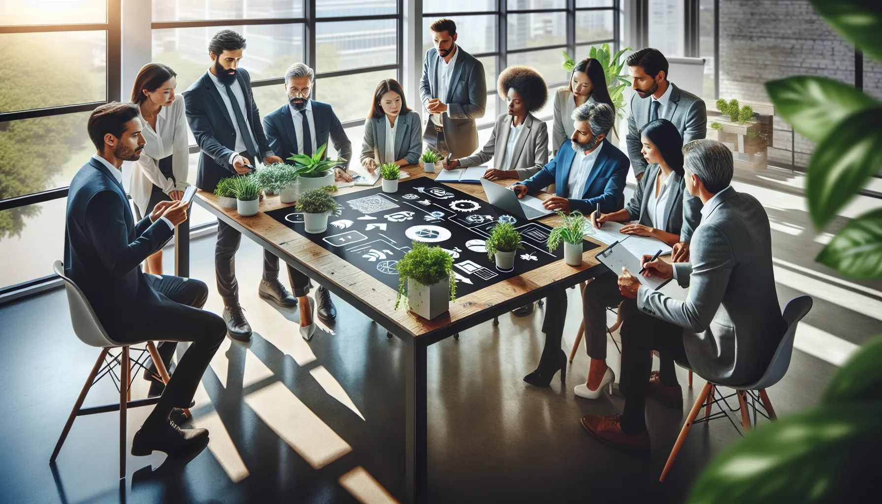 diverse professionals discussing sustainable practices in a modern office.