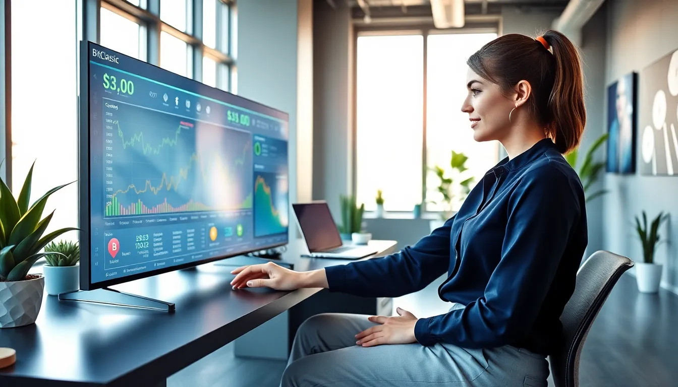 Rebecca Applewhite at a modern office desk showcasing the BitClassic platform.