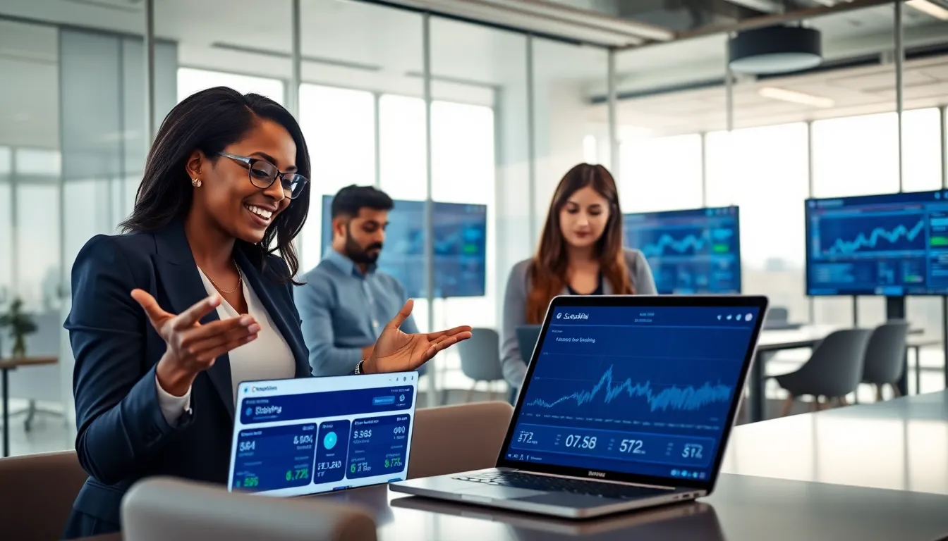 diverse professionals discussing blockchain staking in a modern office.
