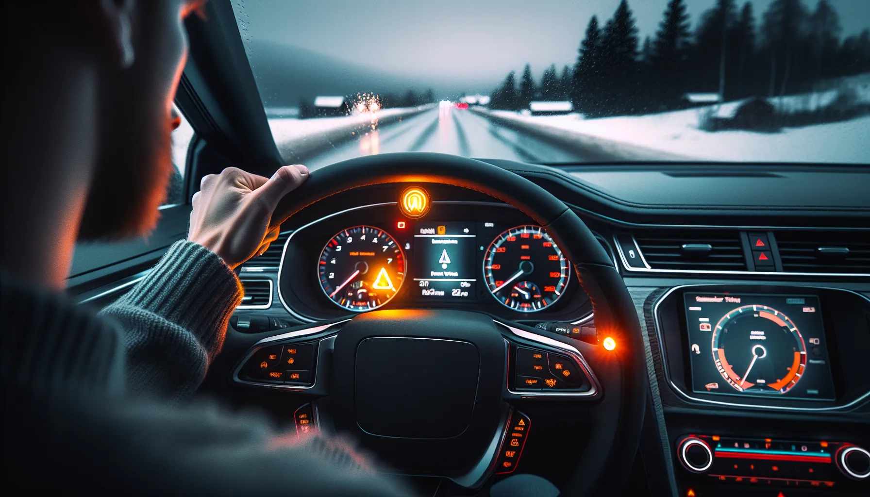Motorlampe lyser: mulige årsaker og hva du bør gjøre 1 Car dashboard with yellow motor warning light glowing as norwegian driver looks on.
